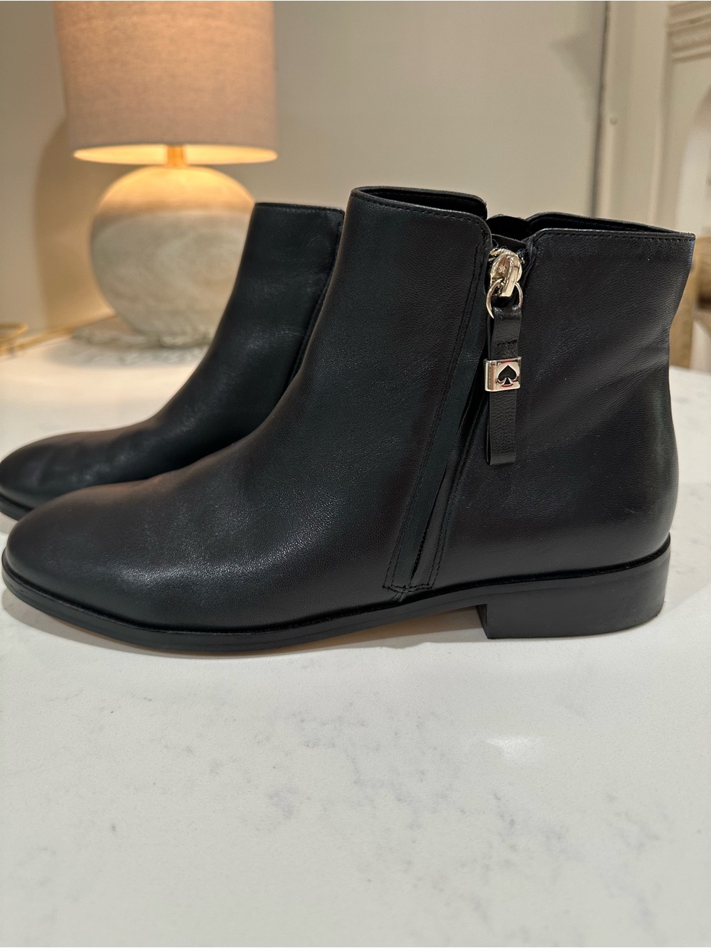 kate spade Black Leather Ankle Booties with Gold Spade Charm